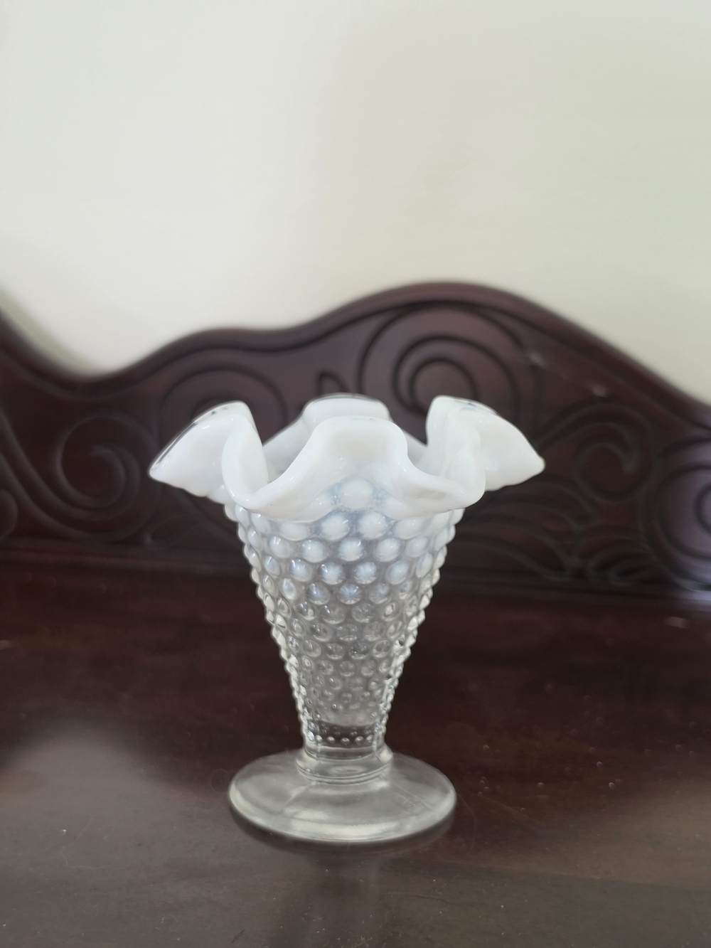 Fenton White Hobnail Ruffled Top Vase